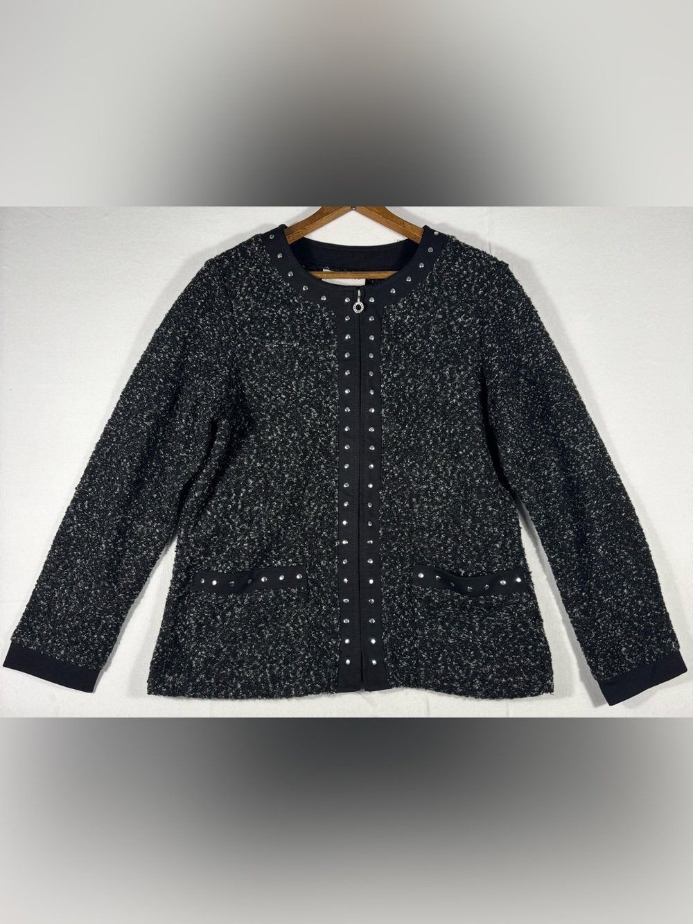 C.D. Petites Women’s P Medium Black Bouclé Stud-Trim Long Sleeve Sweater Jacket